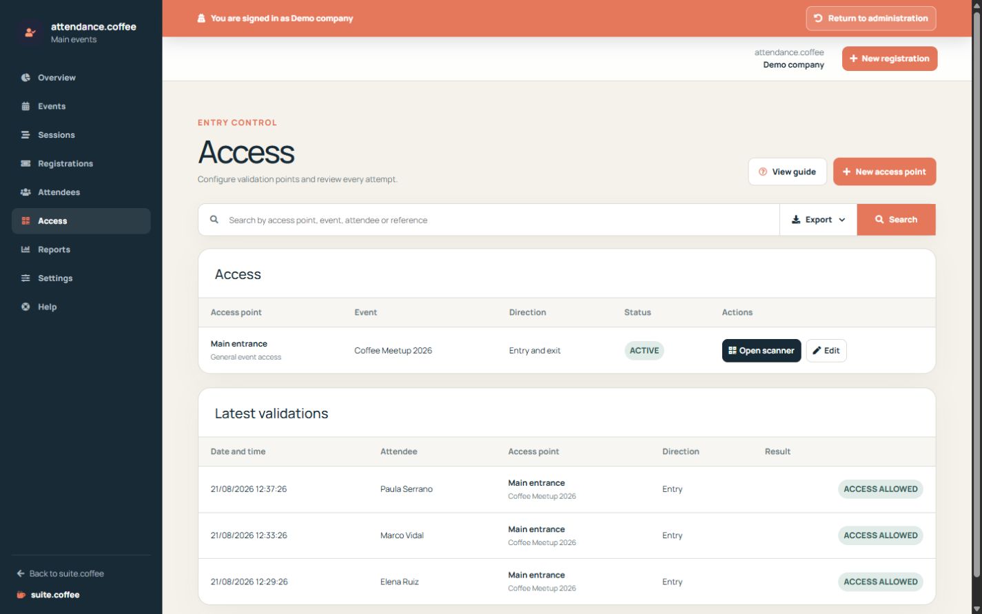 Attendance access page with validation points and recent access attempts.