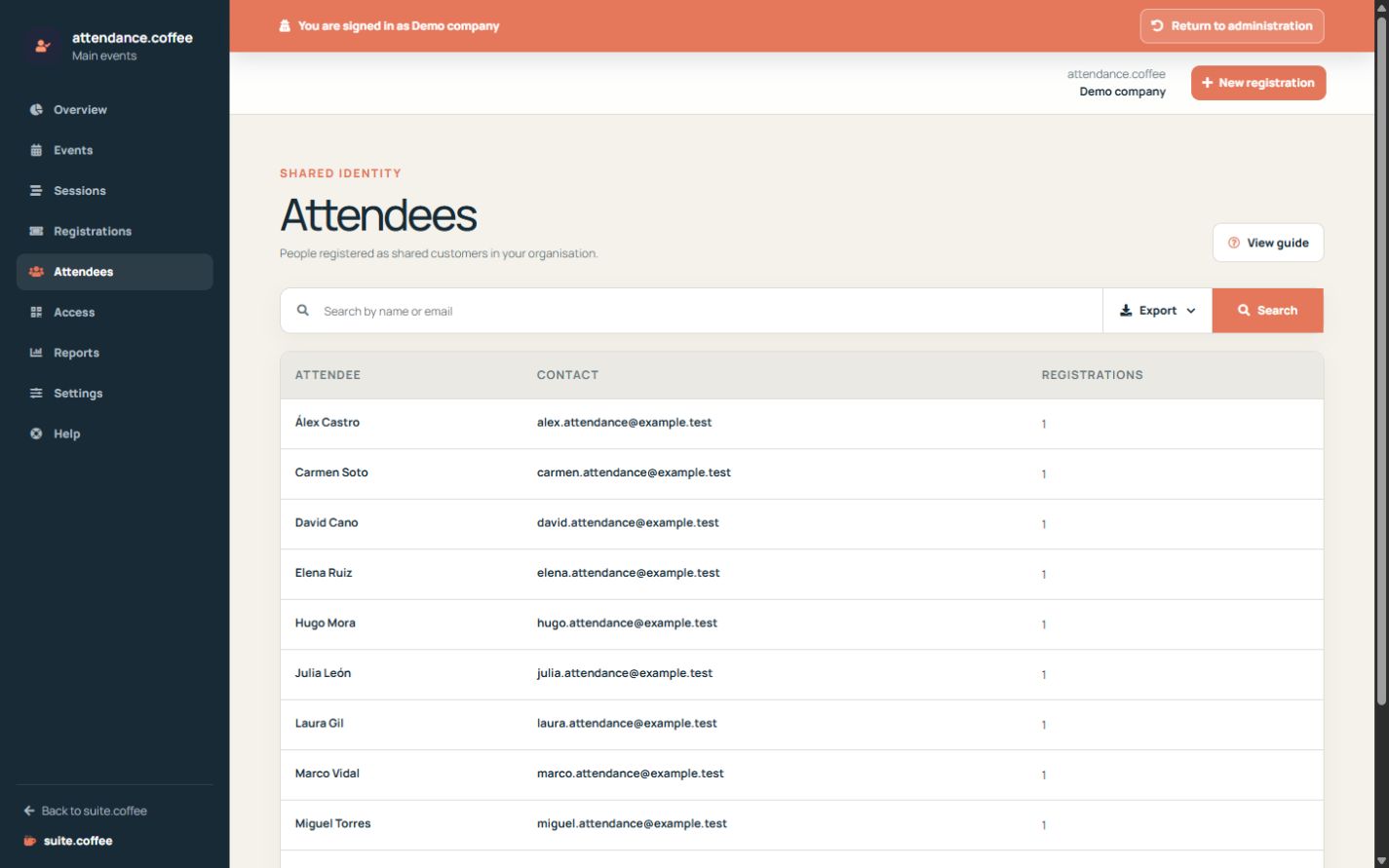 Attendance attendee list with contact details and registration count.
