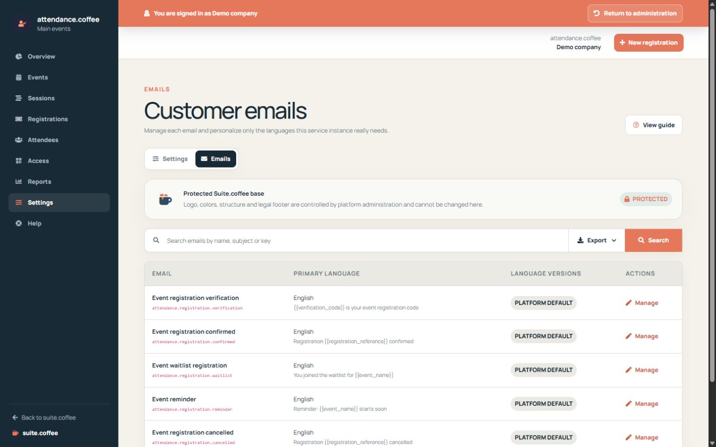 Attendance email-template list with event, recipient, language and customisation status.