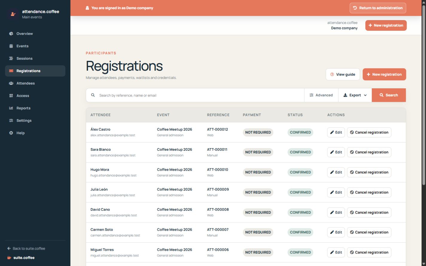 Attendance registration list with attendee, event, pass, status, source and payment state.