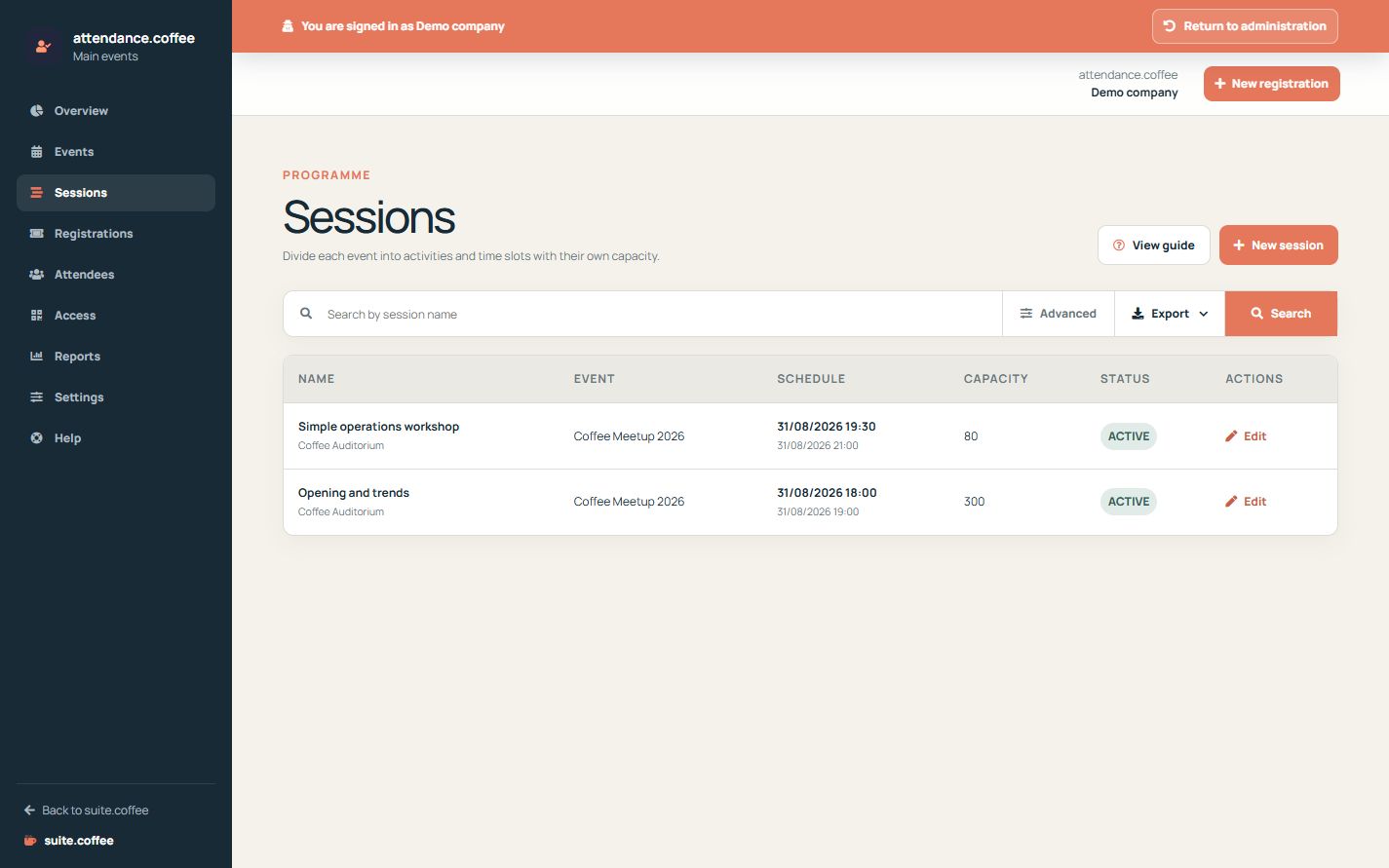 Attendance session list with event, schedule, venue, capacity and status.