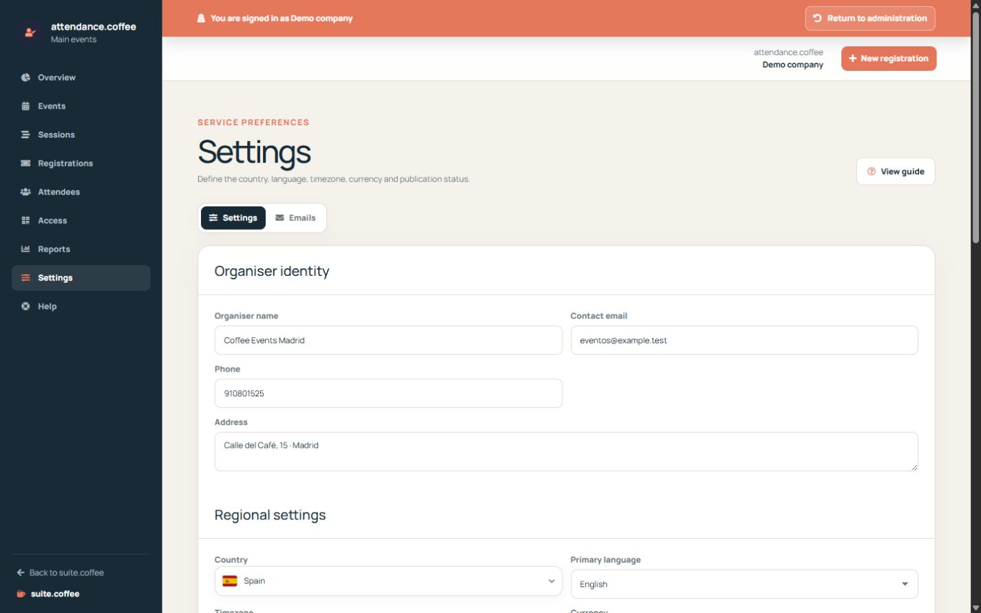 Attendance settings with organiser identity, regional values and publication rules.