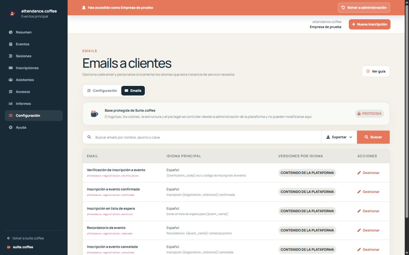Listado de emails de Attendance con evento, destinatario, idioma y personalización.
