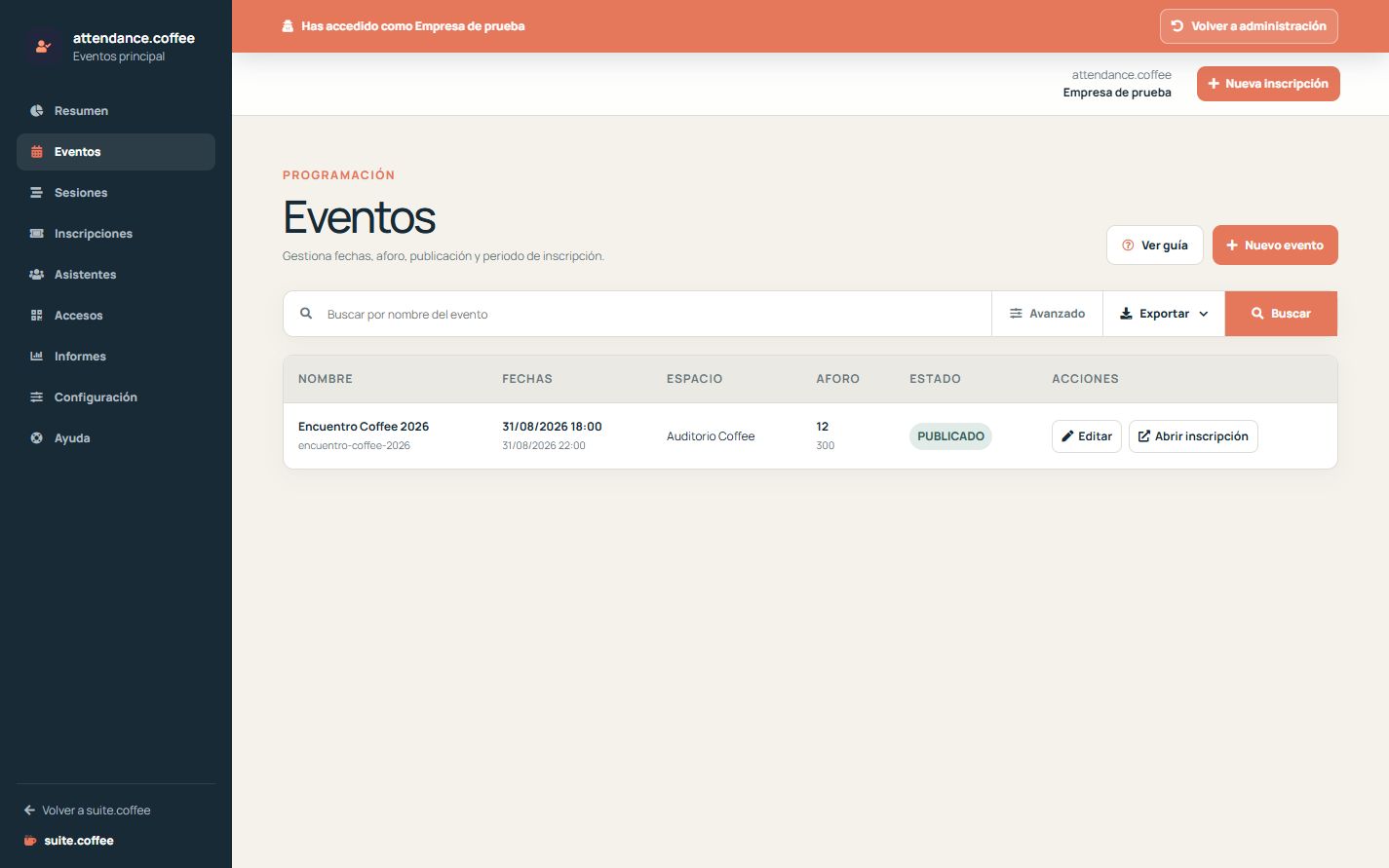 Listado de eventos de Attendance con fechas, espacio, aforo, inscripciones y estado.