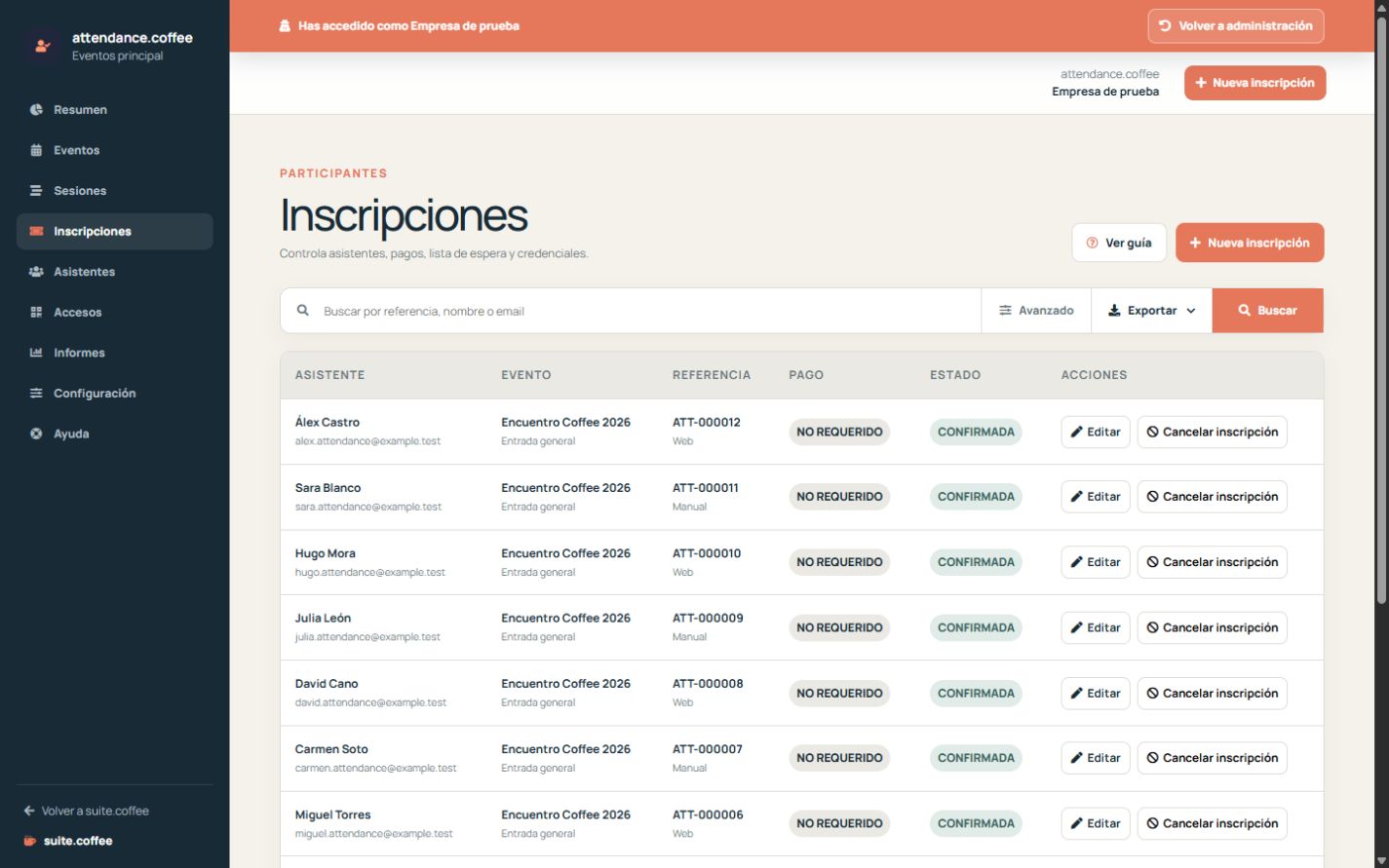 Listado de inscripciones de Attendance con asistente, evento, pase, estado, origen y pago.