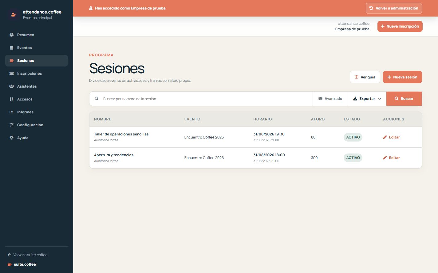 Listado de sesiones de Attendance con evento, horario, espacio, aforo y estado.