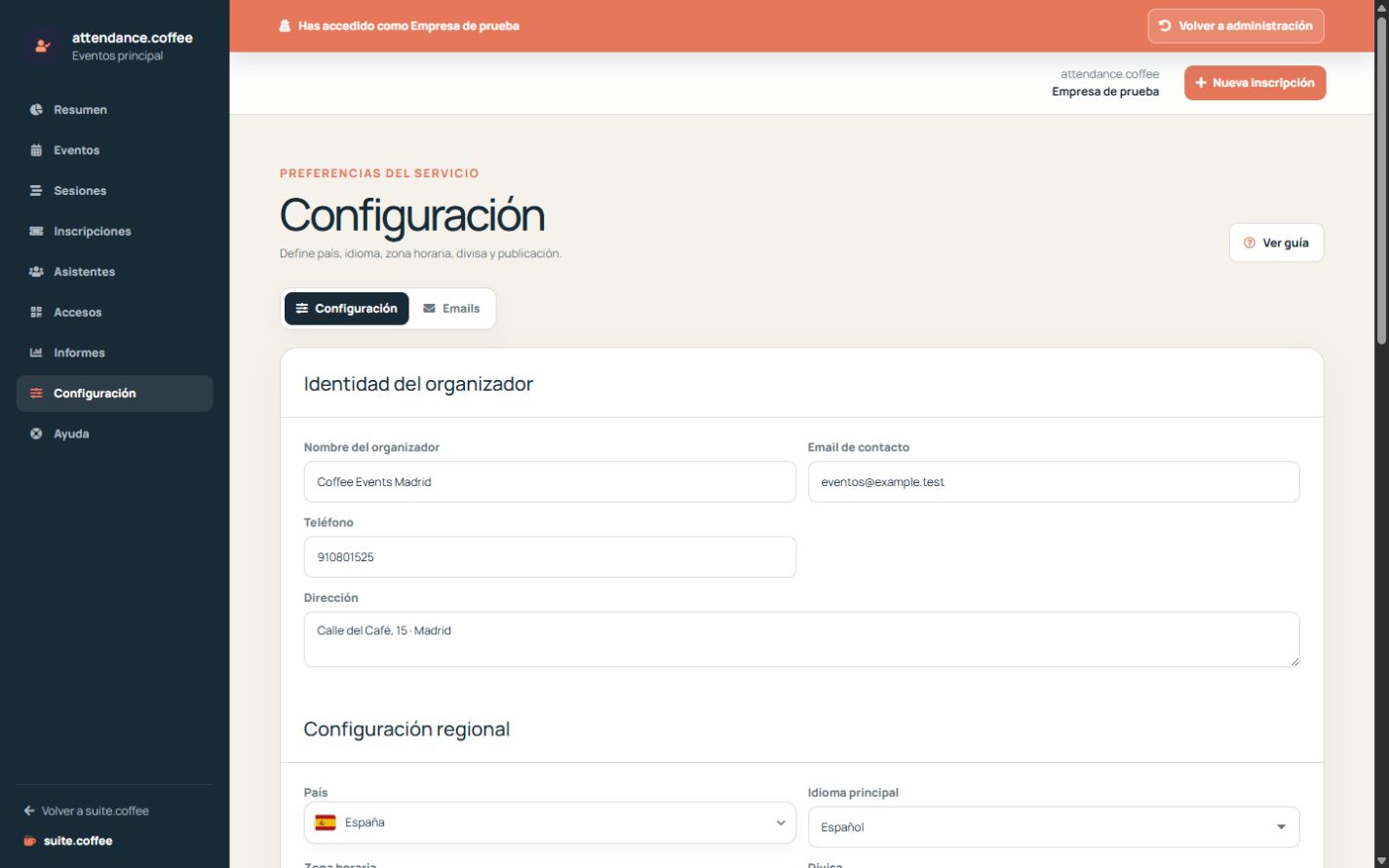 Configuración de Attendance con identidad, valores regionales y reglas de publicación.