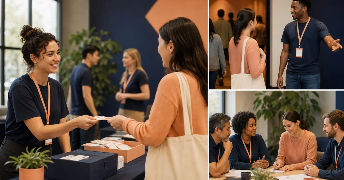 Volunteers coordinating registration and session access at a small event