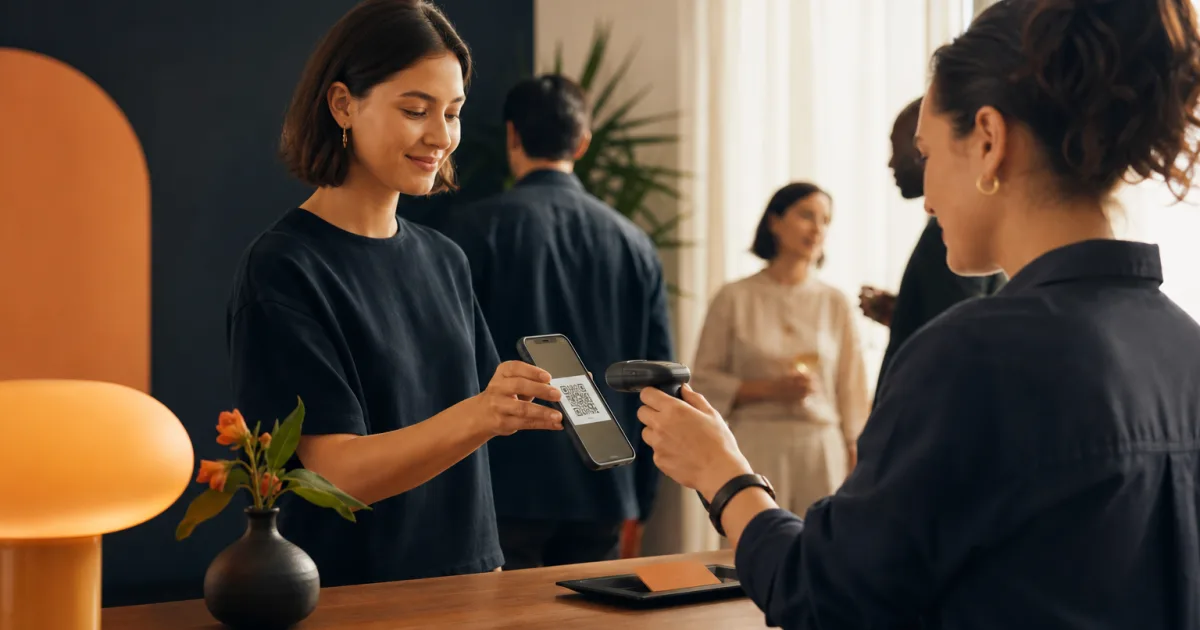 Organiser validating an attendee QR code at a members-only event entrance