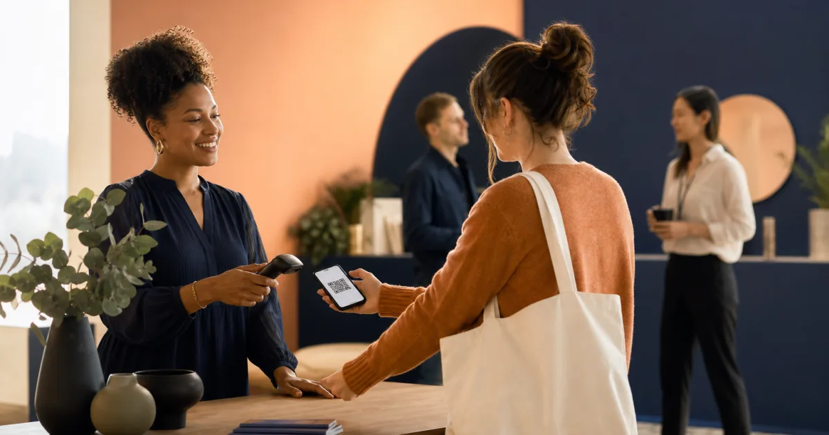Equipo de eventos validando el acceso QR de un asistente en la entrada