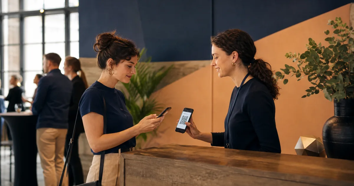 Equipo de evento validando el código QR de un asistente en el registro